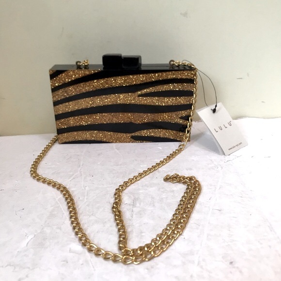 Lulu NYC NEW Zebra Acrylic Box Clutch Glitter Crossbody Shoulder Bag Gold Black - Picture 2 of 16